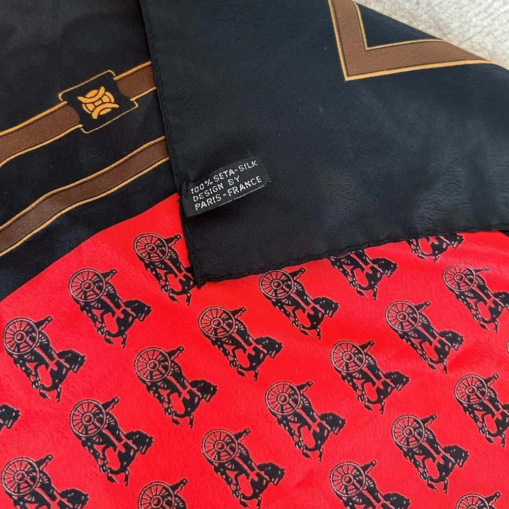 Vintage Hermes Paris Silk Horse and Carriage Scarf Red and Black